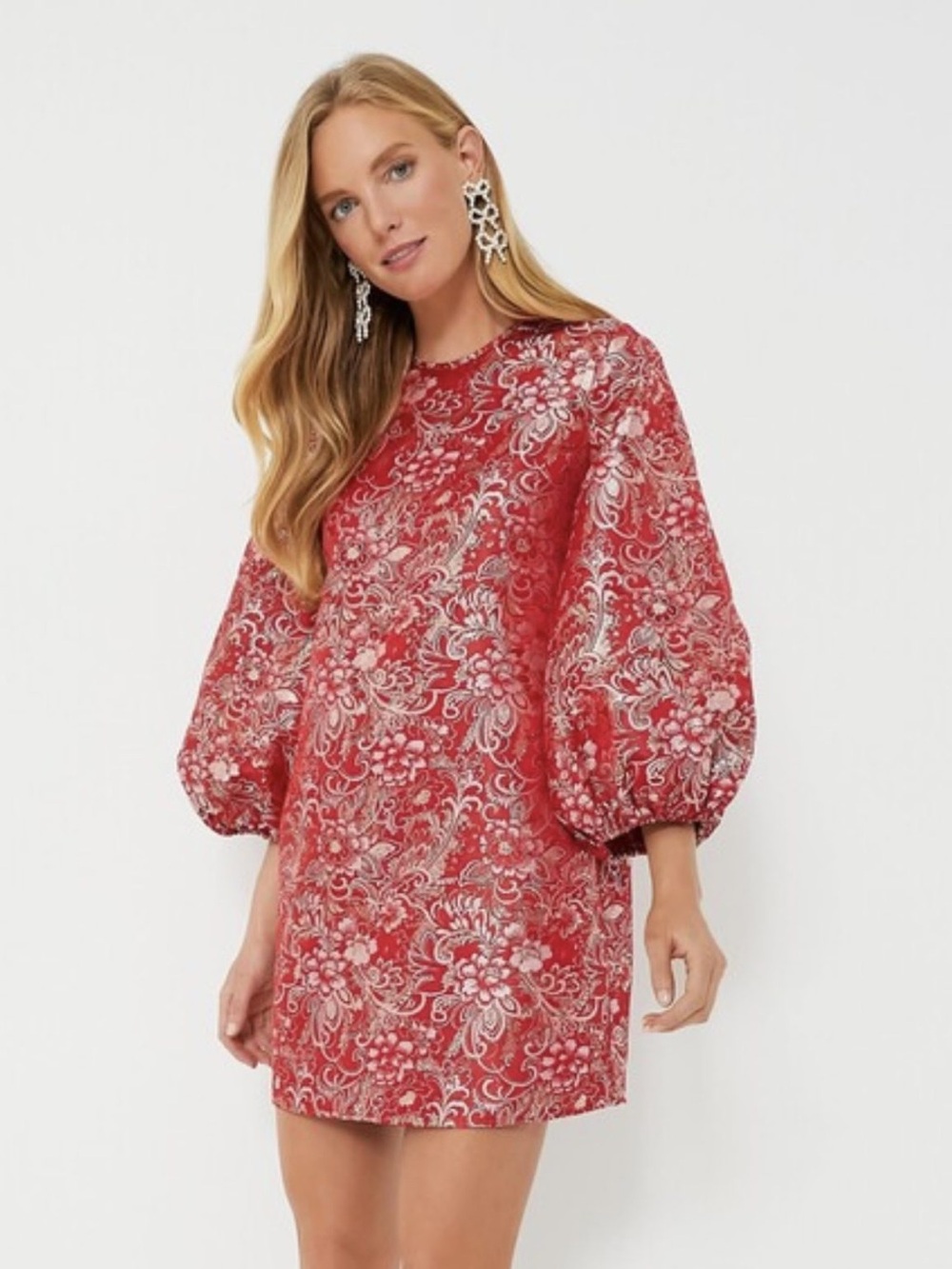 TUCKERNUCK Floral Lace Jacquard Puff-Sleeve Mini Dress - Red worn once